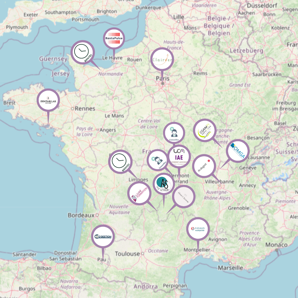 Carte de France des conseillers en rentabilité et en gestion du logiciel lycorne