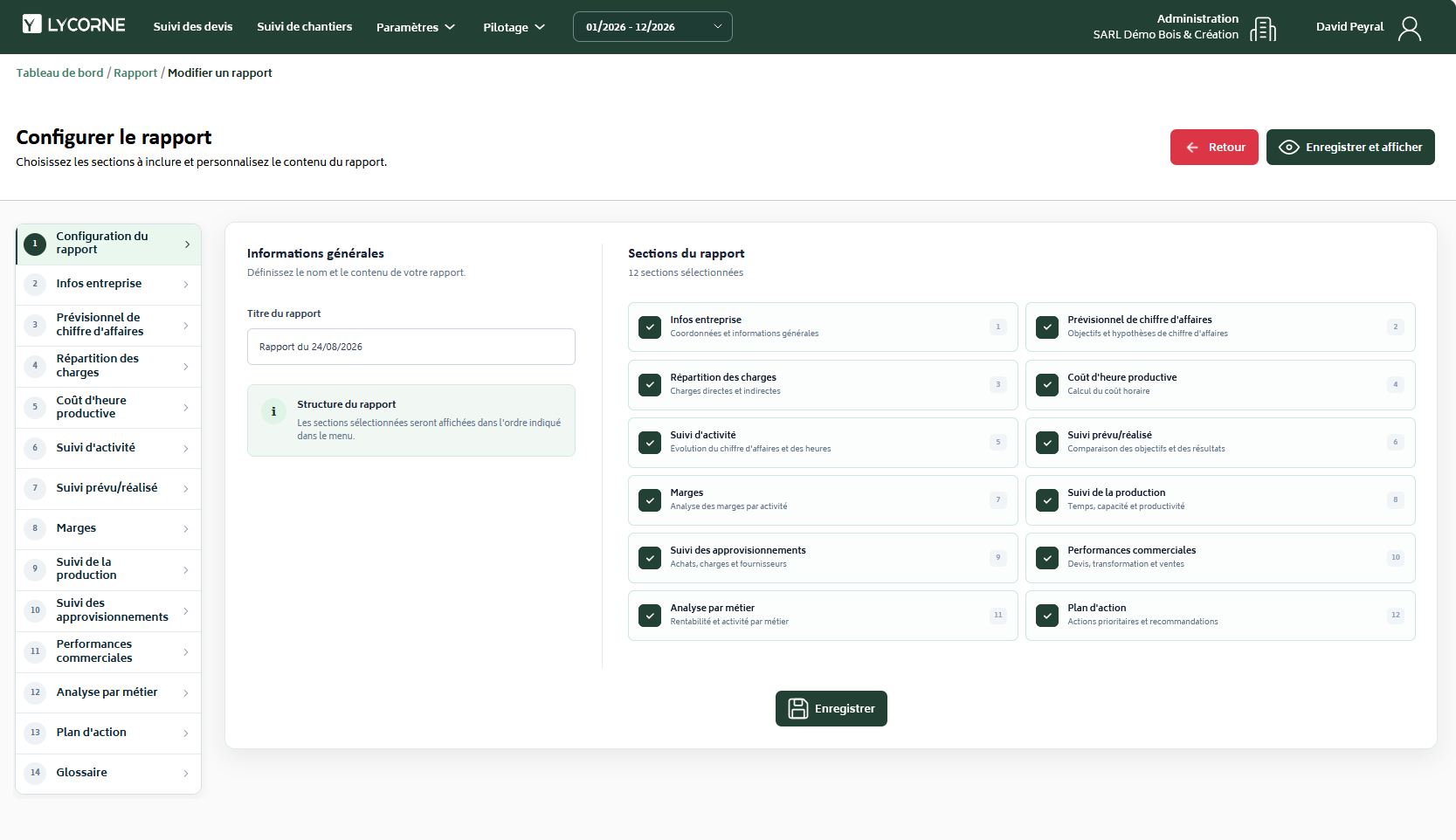 Configuration du rapport du rapport de pilotage Lycorne